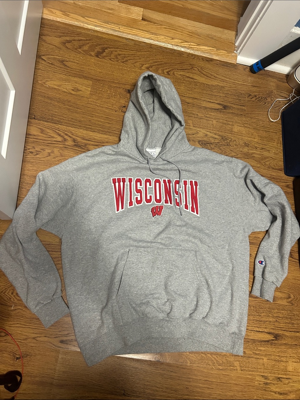 Champion Gray Hoodie with Red sewn on  Lettering